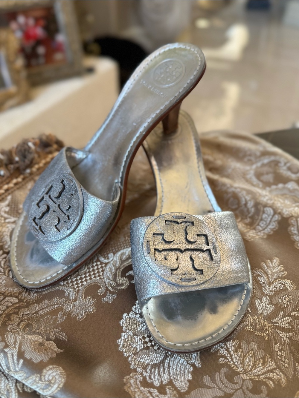 Tory Burch Metallic Silver Logo Slide Mules